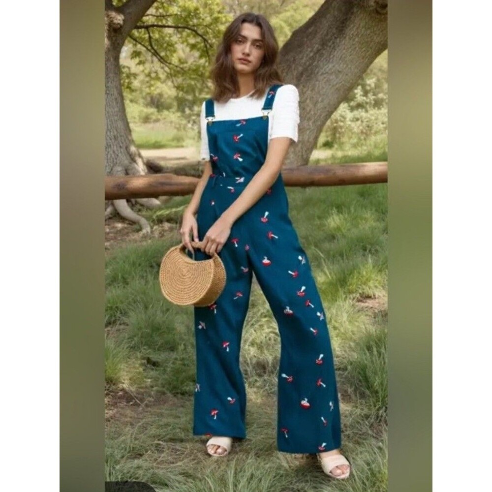 CIDER Blue Corduroy Wide-Leg Jumpsuit Mushroom Embroidered Square Neck Size M